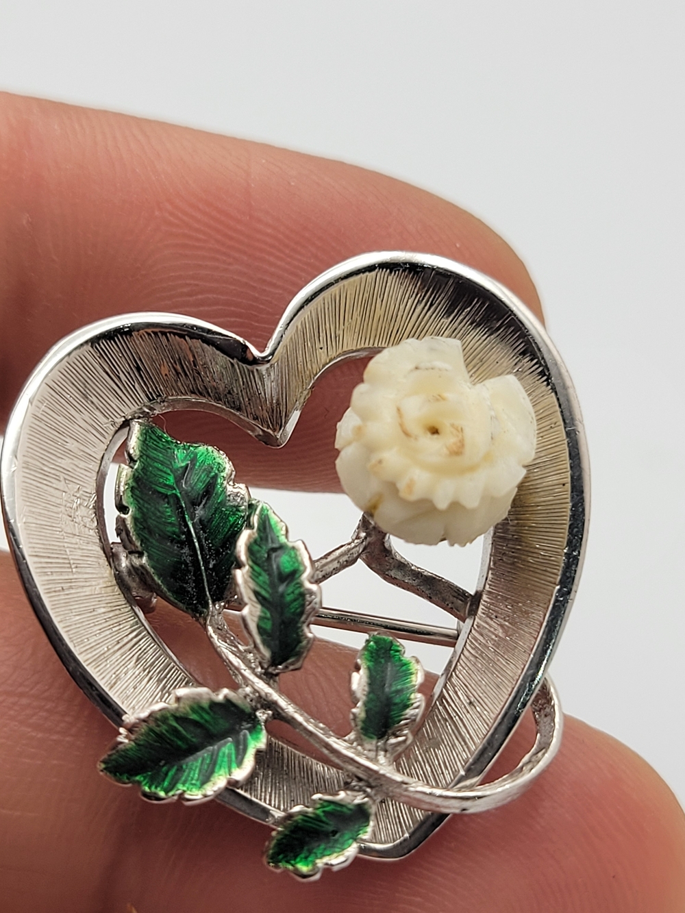 Sterling Silver Heart Brooch with Cream Rose and Green Enamel Leaves